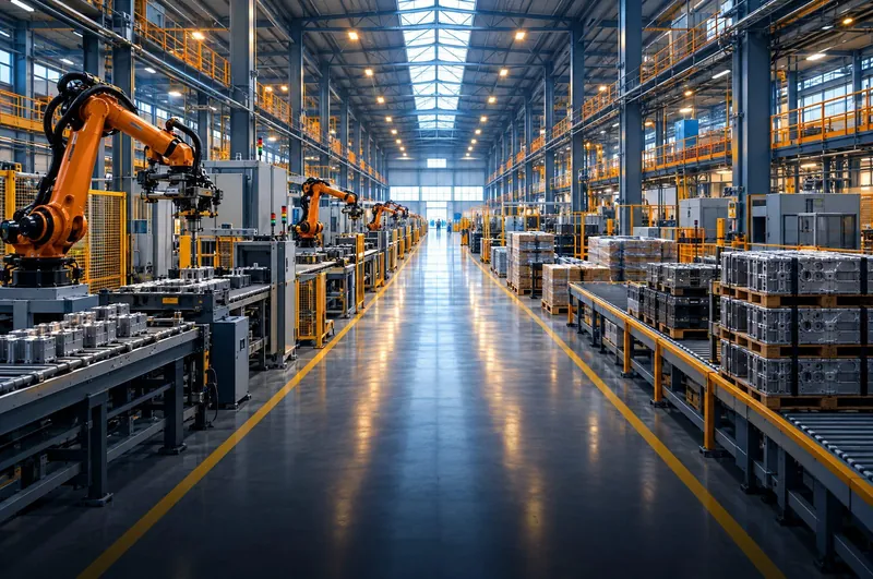 A long automated production line with robotic arms and conveyors on a factory floor