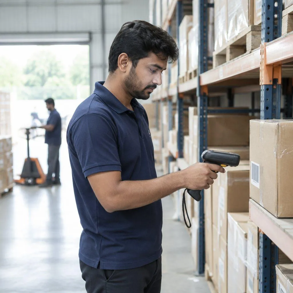 A warehouse team member scanning a carton barcode
