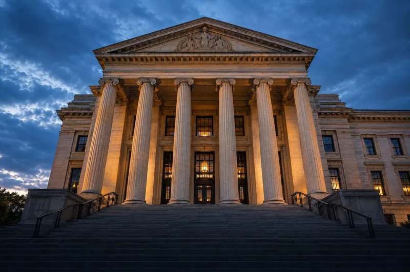 A columned city hall and courthouse building at dusk