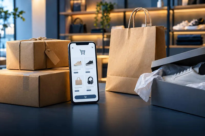Shipping parcels, a shopping bag and a phone showing a shopping cart