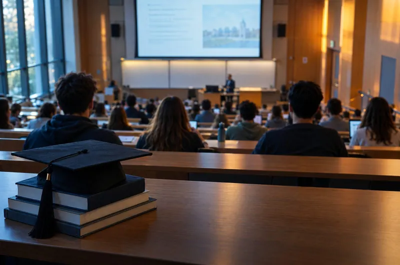 A lecture hall seen from the back row, a graduation cap on books in front