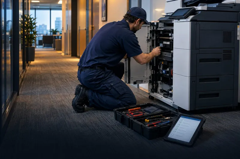 A service technician repairing an office copier, toolbox and service-ticket tablet beside him