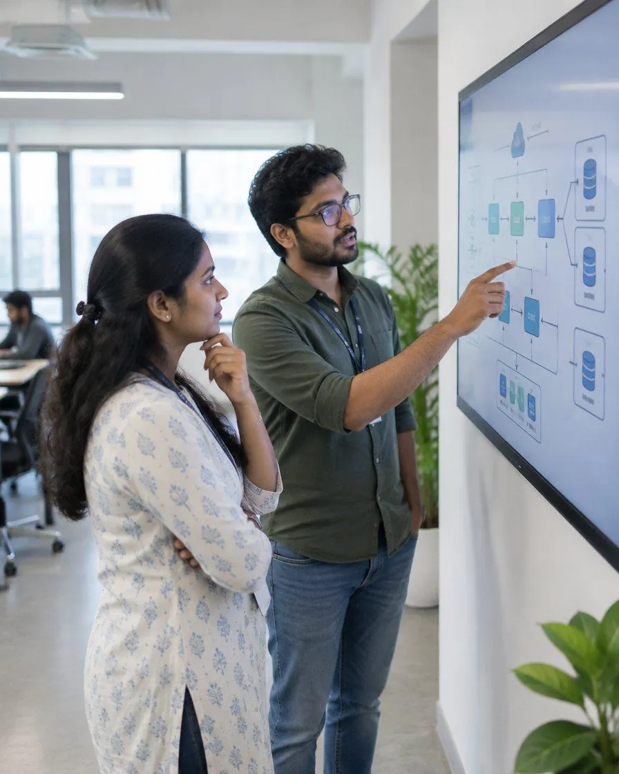 Two engineers reviewing a system architecture diagram on a wall screen