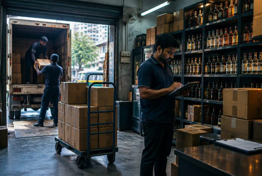 Store staff checking a delivery of cartons in a liquor store's back room