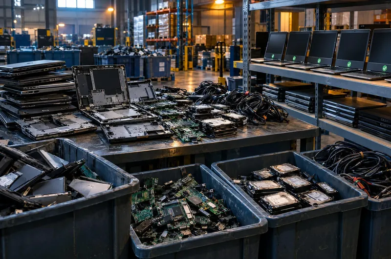 Bins of used laptops, circuit boards and hard drives beside refurbished laptops on a rack
