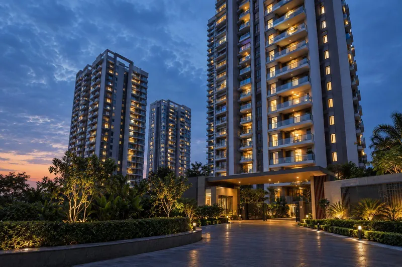 Residential apartment towers at dusk with a landscaped entrance