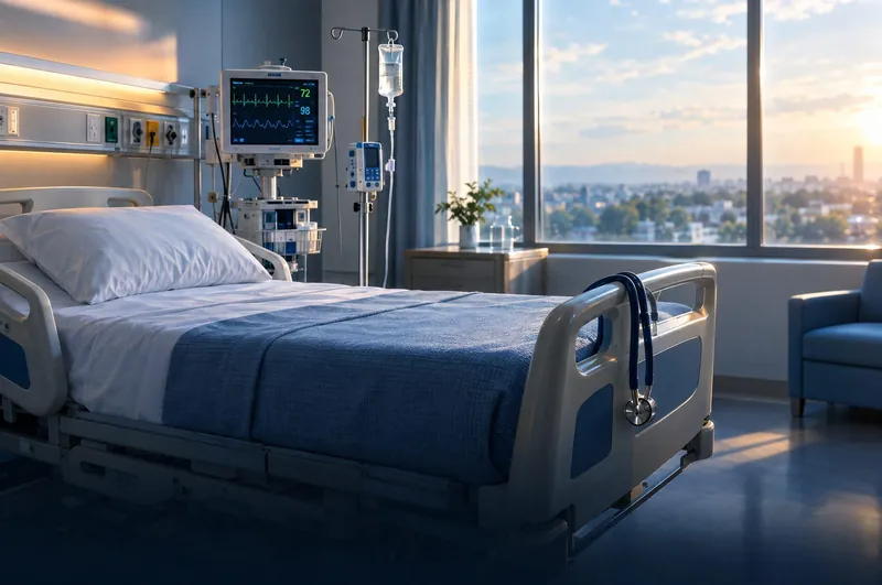 A hospital ward with a patient bed, vital-signs monitor and stethoscope