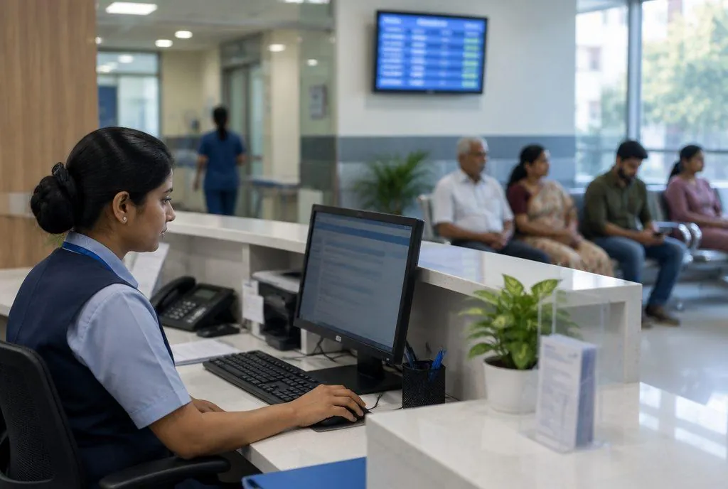 Hospital reception billing desk with patients waiting under a queue display