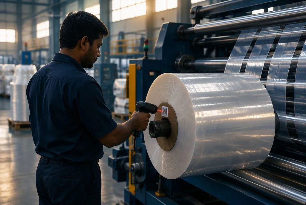 An operator scanning the barcode on a roll at a production line