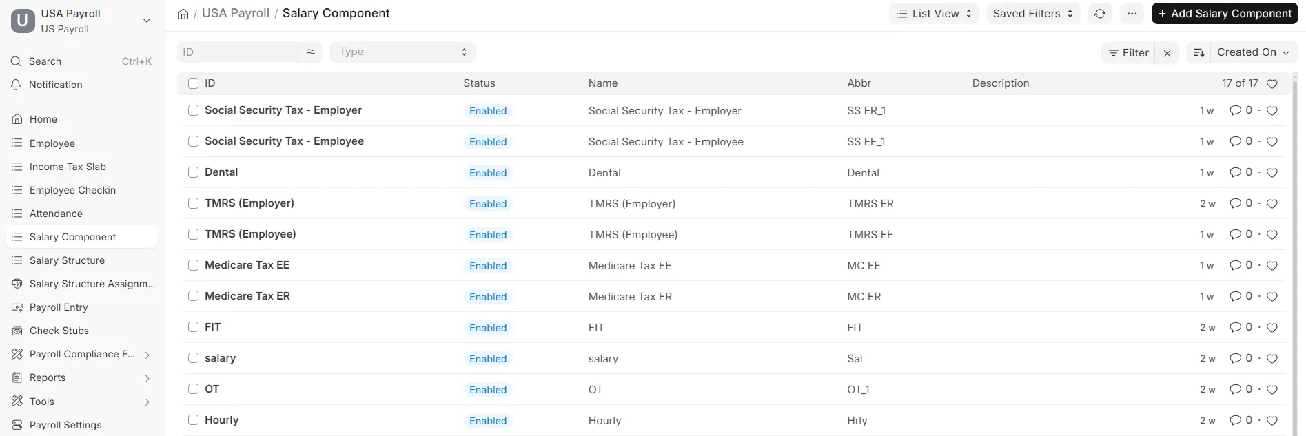 Salary Component list view