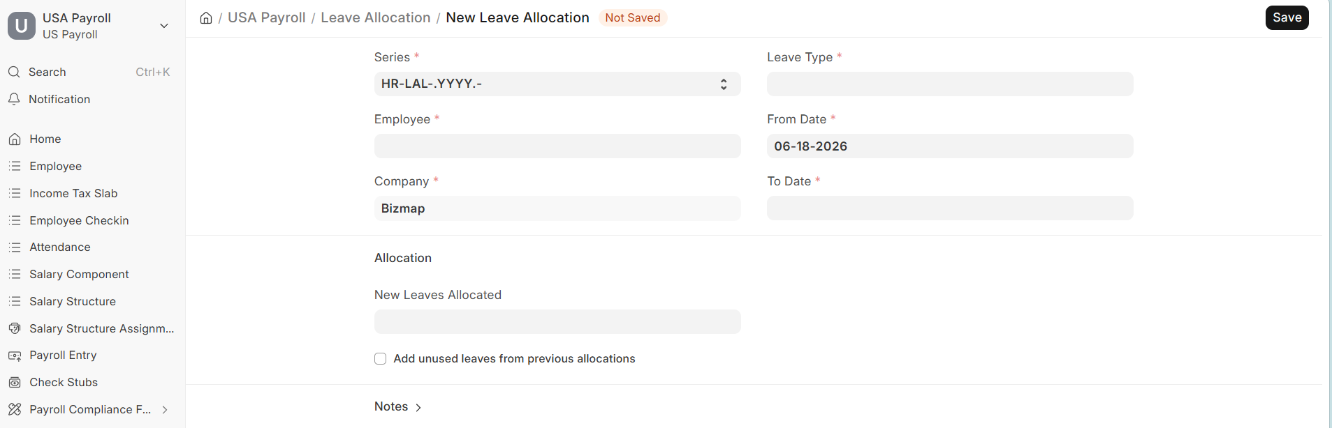 New Leave Allocation form