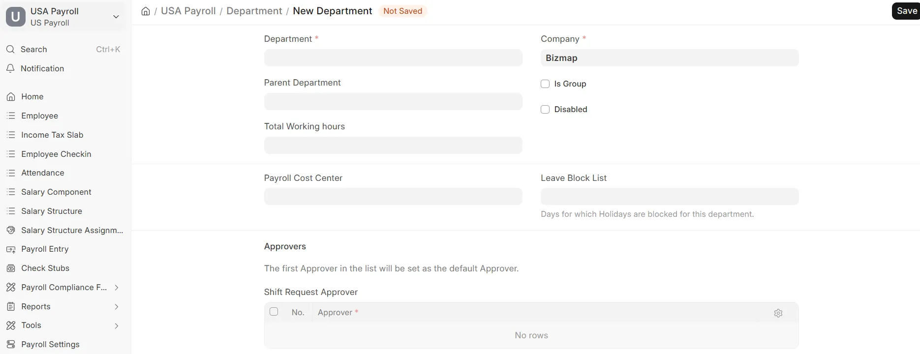 New Department form