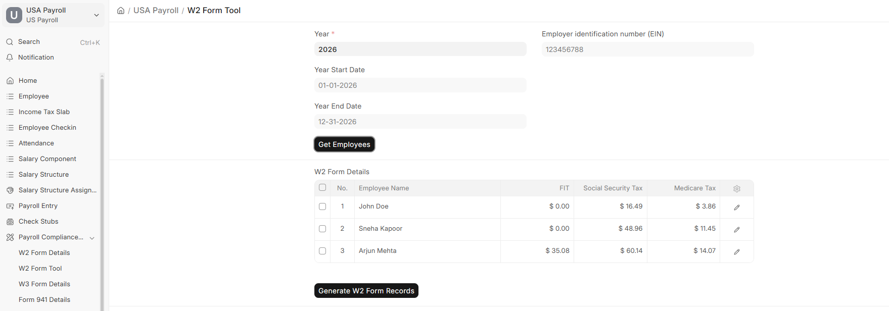 Generate W2 Form Records