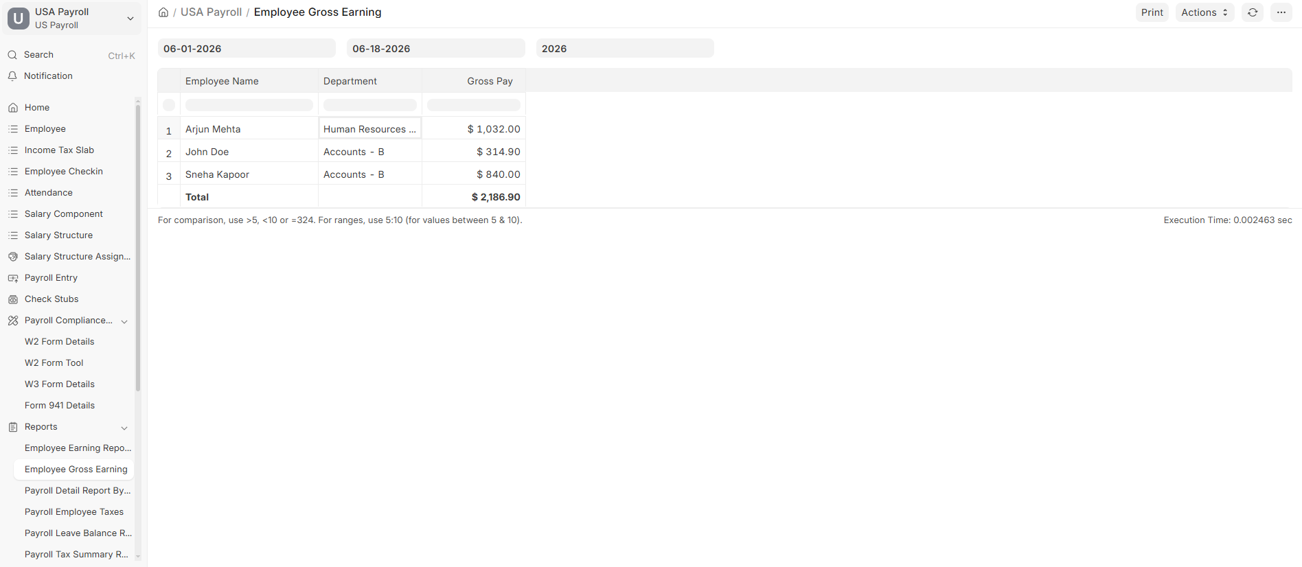 Employee Earning Report, component breakdown