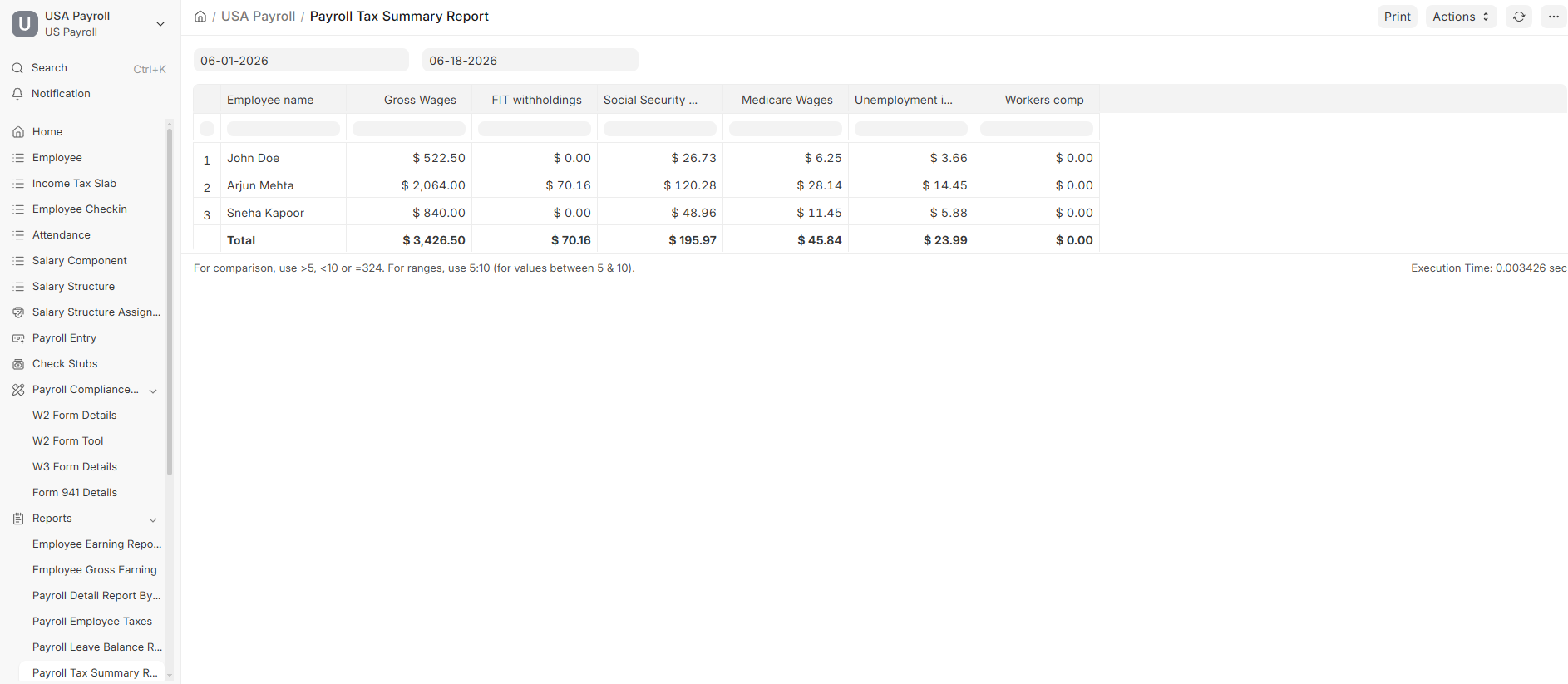 Payroll Tax Summary Report